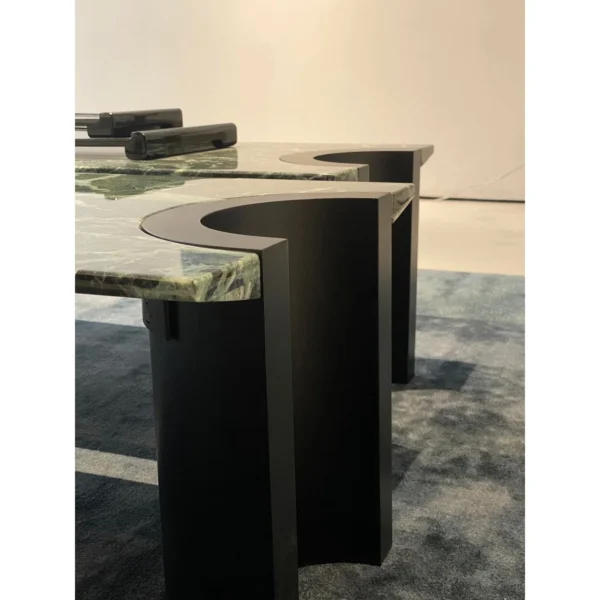Jasper Long Green Marble Coffee Table on Black Wood Legs in olive — in a room setting