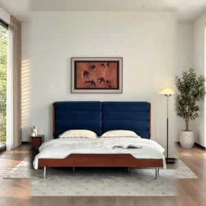 Blue Swirl Curved-Headboard Bed with Boxwood Base in blue — front view