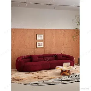 Chiman Wine Red Curved Modular Sofa in Silver-Thread Tweed — in a room setting