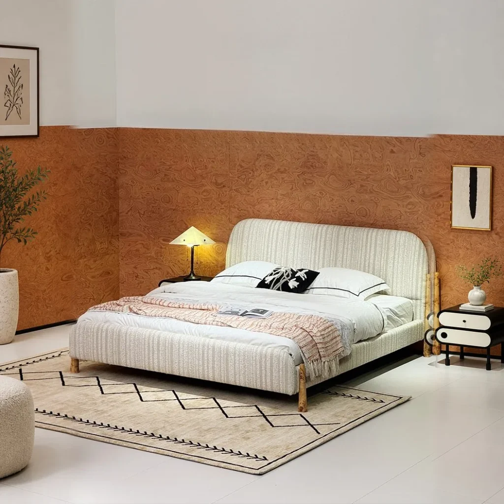 First Snow Ribbed Fabric Bed with Wood Trim in ivory — front view