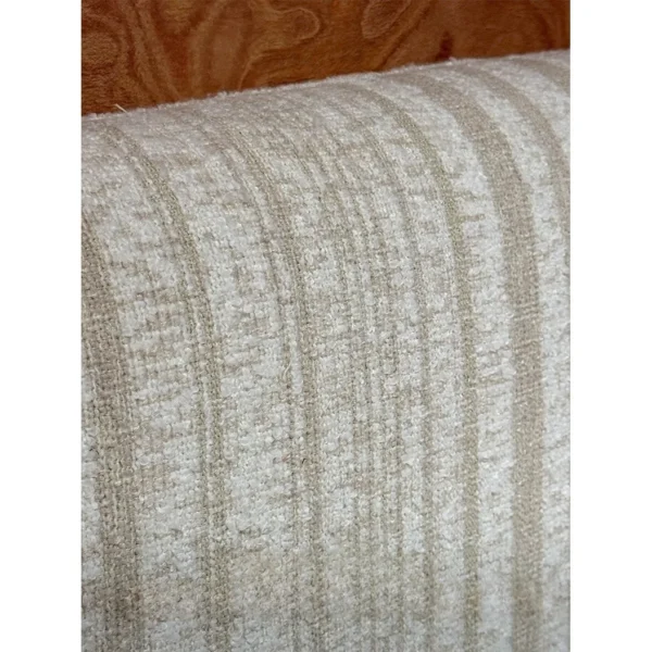 First Snow Ribbed Fabric Bed with Wood Trim in ivory — in a room setting