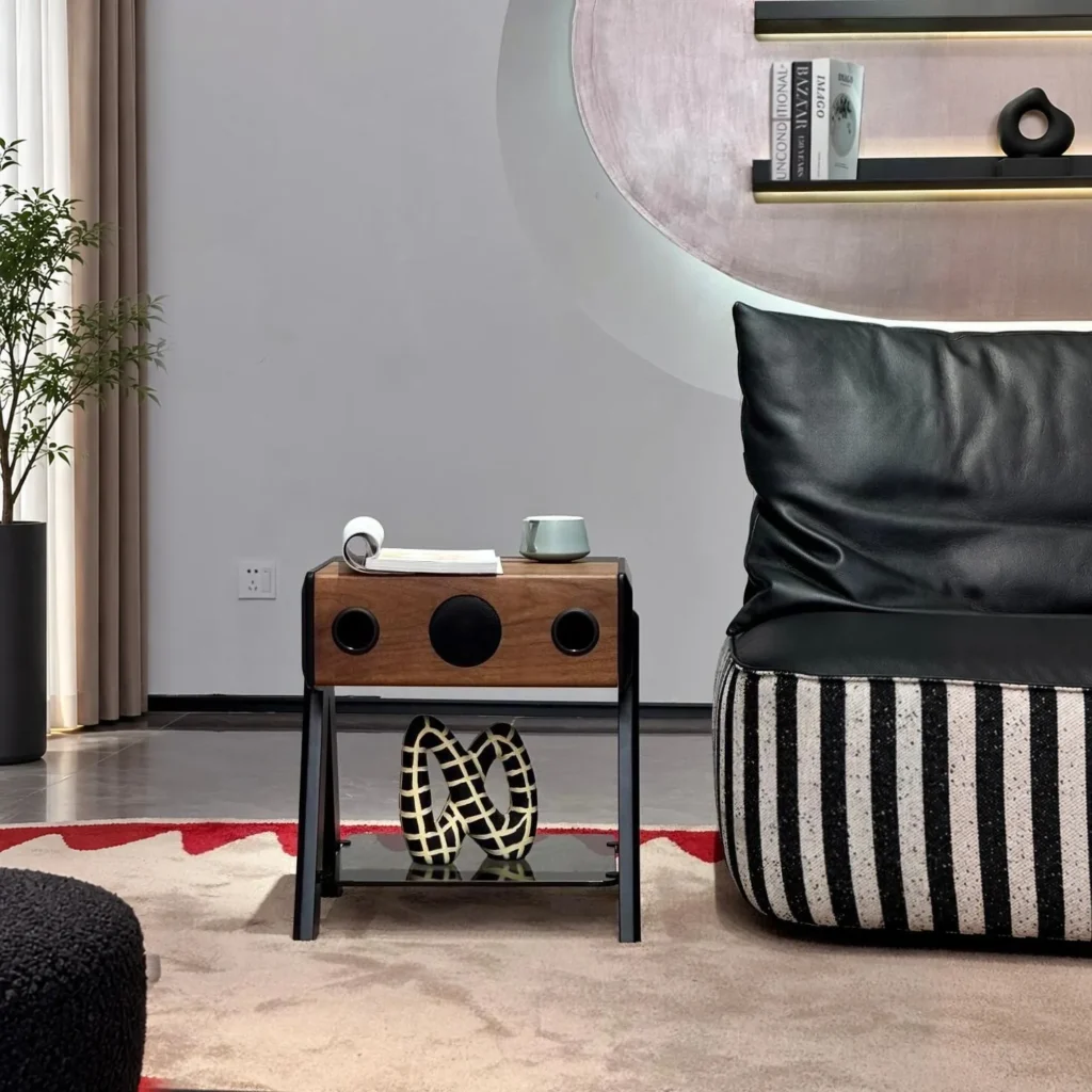 Walnut Side Table with Built-In Speaker and Glass Shelf in walnut — front view