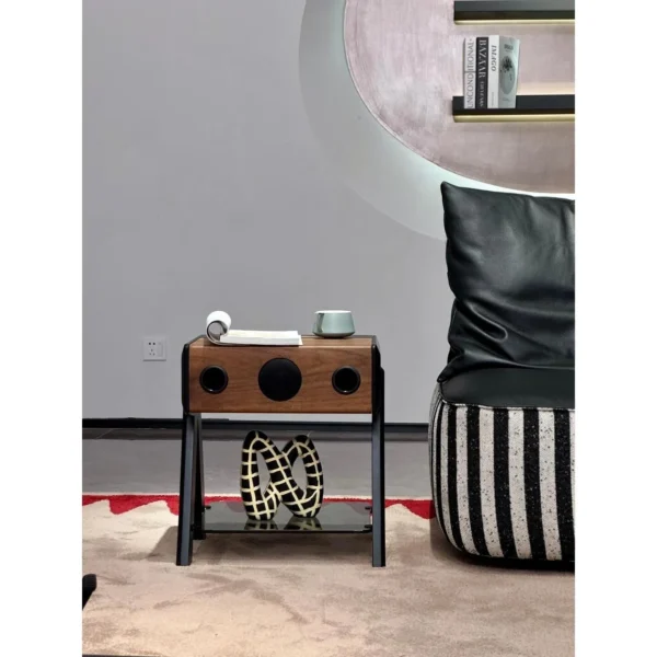 Walnut Side Table with Built-In Speaker and Glass Shelf in walnut — in a room setting