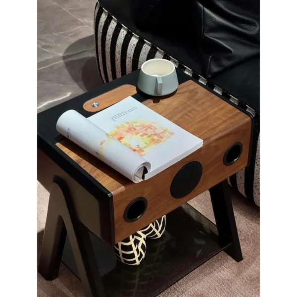 Walnut Side Table with Built-In Speaker and Glass Shelf in walnut — in a room setting