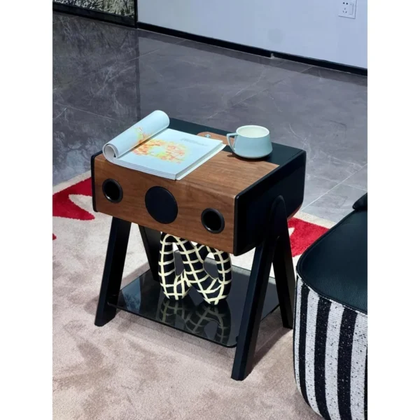 Walnut Side Table with Built-In Speaker and Glass Shelf in walnut — in a room setting
