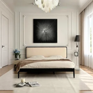 Jianxu Slim Black-Frame Bed with Linen Headboard in black — front view