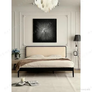 Jianxu Slim Black-Frame Bed with Linen Headboard in black — in a room setting