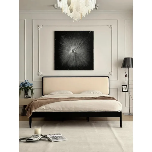 Jianxu Slim Black-Frame Bed with Linen Headboard in black — in a room setting