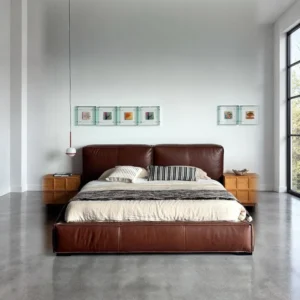 Kuojing Wide Full-Grain Leather Bed in clay — front view