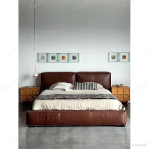 Kuojing Wide Full-Grain Leather Bed in clay — in a room setting