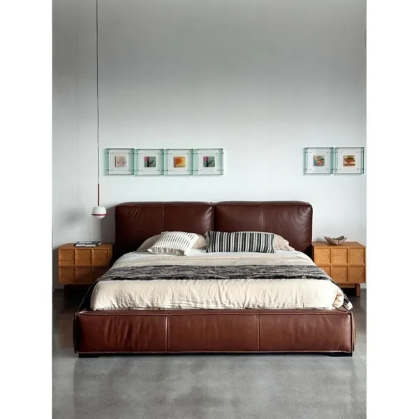 Kuojing Wide Full-Grain Leather Bed in clay — in a room setting