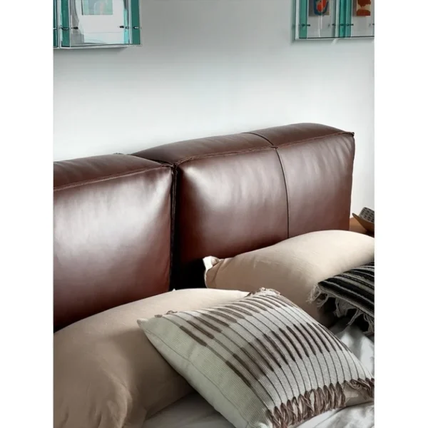 Kuojing Wide Full-Grain Leather Bed in clay — in a room setting