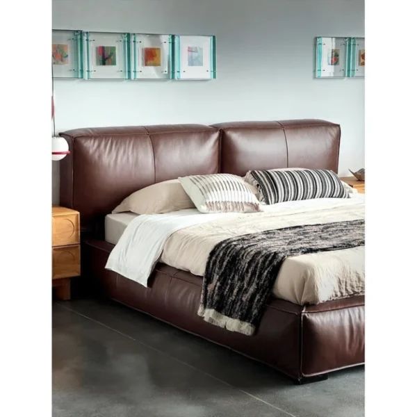Kuojing Wide Full-Grain Leather Bed in clay — in a room setting