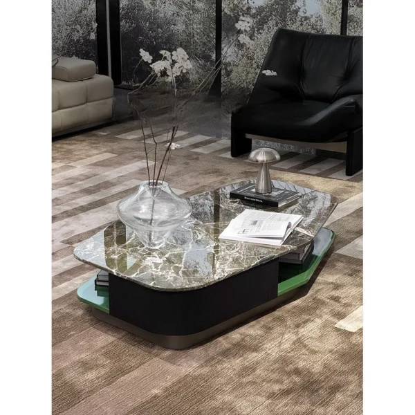 Le Mans Green Marble Coffee Table with Tiered Storage in olive — in a room setting