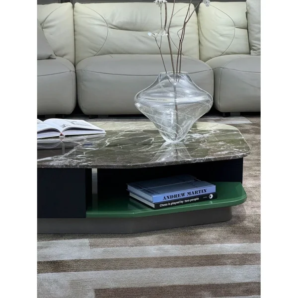 Le Mans Green Marble Coffee Table with Tiered Storage in olive — in a room setting