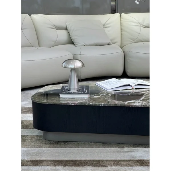 Le Mans Green Marble Coffee Table with Tiered Storage in olive — in a room setting