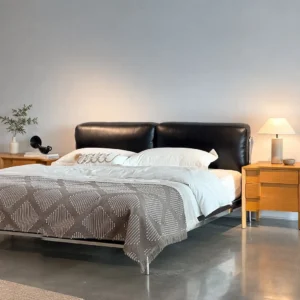 Lengxu Black Leather Bed with Chrome Frame in black — front view