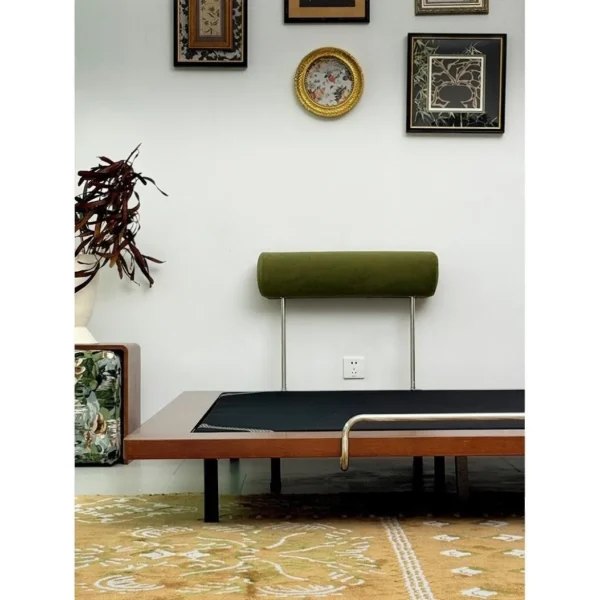 Moni Low Platform Bed with Movable Bolsters in walnut — in a room setting