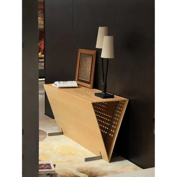 Ocean V-Form Wood Console with Perforated Top in natural oak — in a room setting