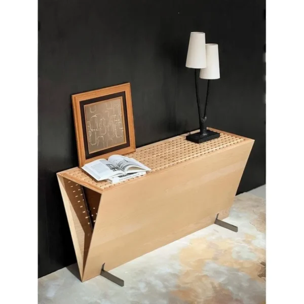 Ocean V-Form Wood Console with Perforated Top in natural oak — in a room setting