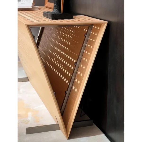 Ocean V-Form Wood Console with Perforated Top in natural oak — in a room setting