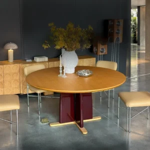 Shiqiu Round Oak Dining Table on Crimson Cross Base in natural oak — front view