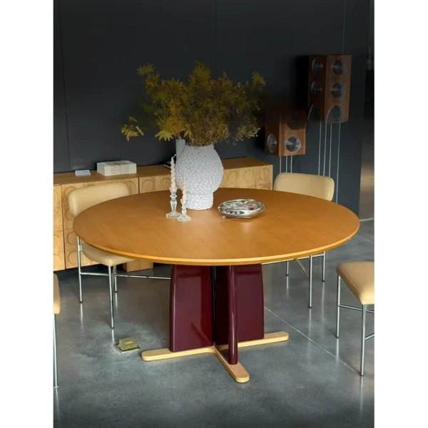 Shiqiu Round Oak Dining Table on Crimson Cross Base in natural oak — in a room setting