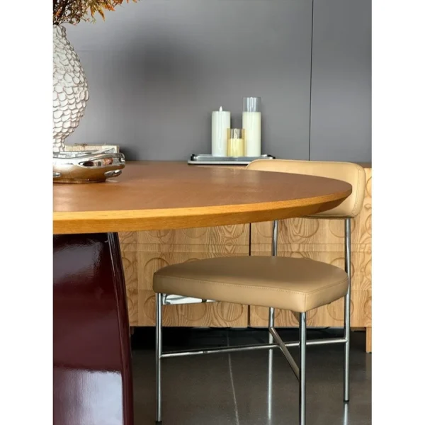 Shiqiu Round Oak Dining Table on Crimson Cross Base in natural oak — in a room setting