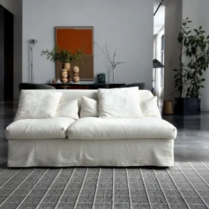 Skirt Sofa in White Linen with Removable Draped Cover — front view