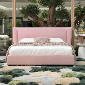 Soft Arc Pink Upholstered Bed in rose stone — front view