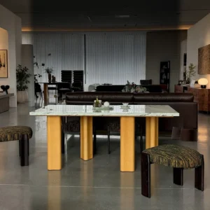Spruce Cloud Marble Dining Table on Ash Posts in ivory — front view