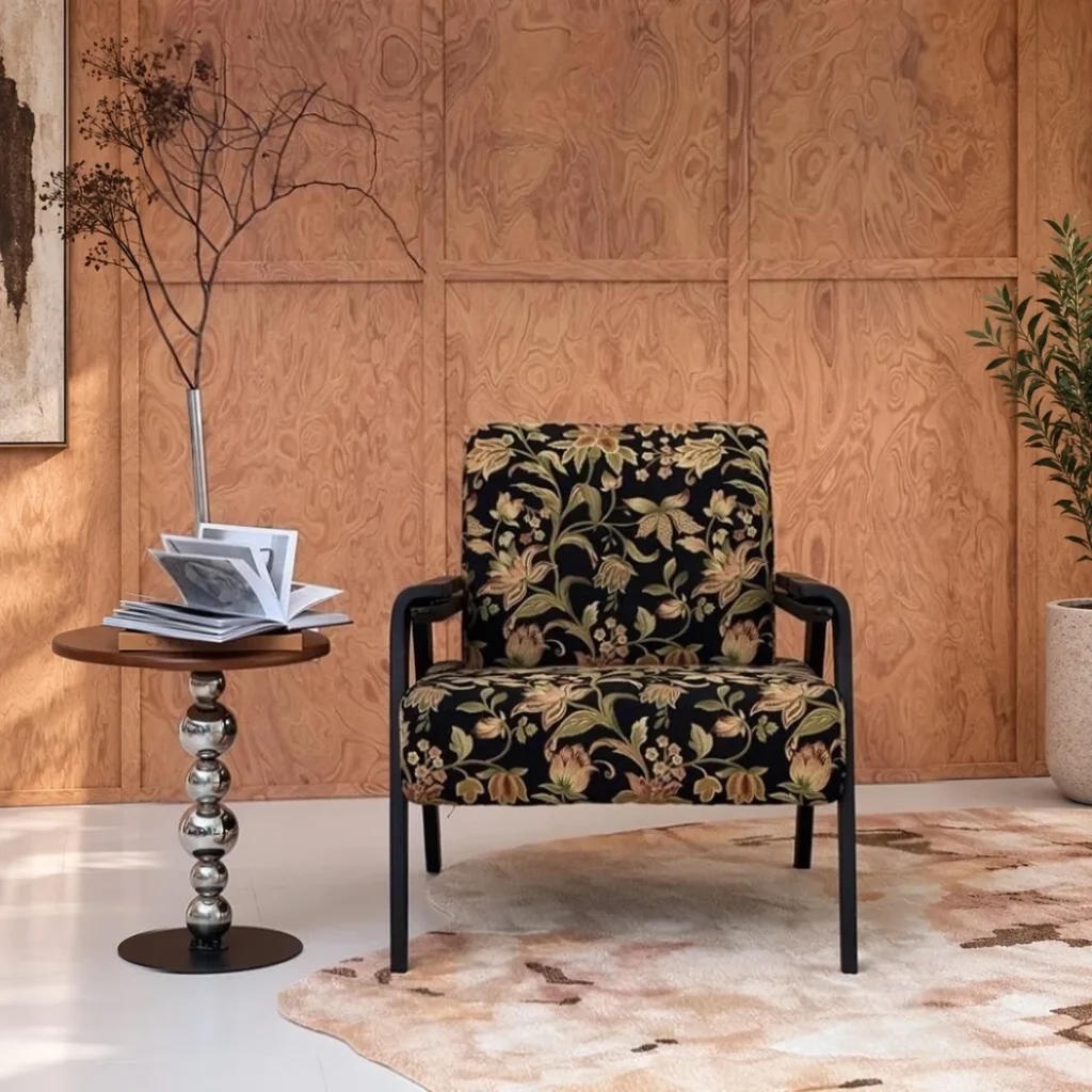Wantang Black Ash Lounge Chair in Dark Floral Chenille — front view