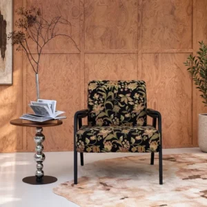 Wantang Black Ash Lounge Chair in Dark Floral Chenille — front view