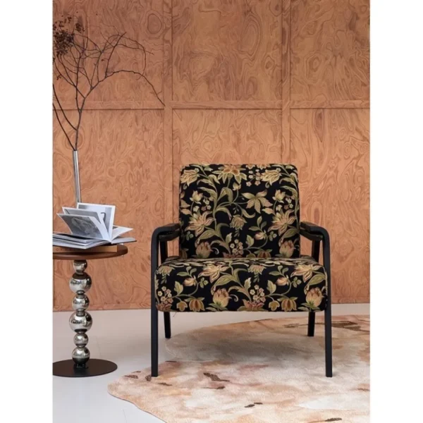 Wantang Black Ash Lounge Chair in Dark Floral Chenille — in a room setting