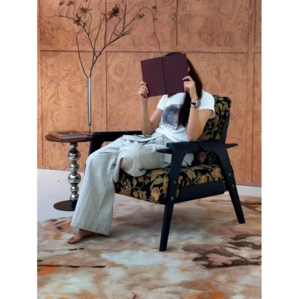 Wantang Black Ash Lounge Chair in Dark Floral Chenille — in a room setting