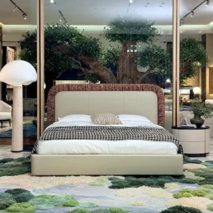 Wenshe Leather and Chenille Two-Texture Bed in oatmeal — front view