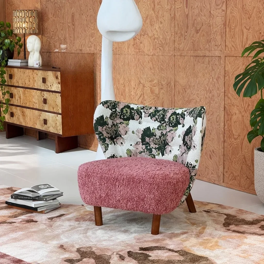 Woolf Rose Jacquard and Pink Bouclé Lounge Chair in rose stone — front view