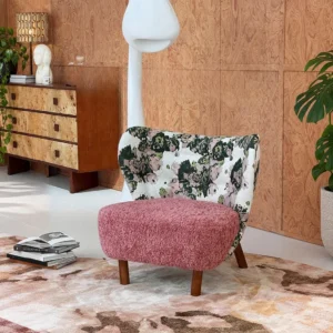Woolf Rose Jacquard and Pink Bouclé Lounge Chair in rose stone — front view