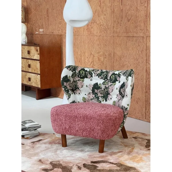 Woolf Rose Jacquard and Pink Bouclé Lounge Chair in rose stone — in a room setting