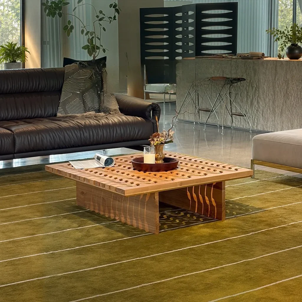 Yunyi Ripple Square Coffee Table with Open Wave Top, 100 cm in natural oak — front view