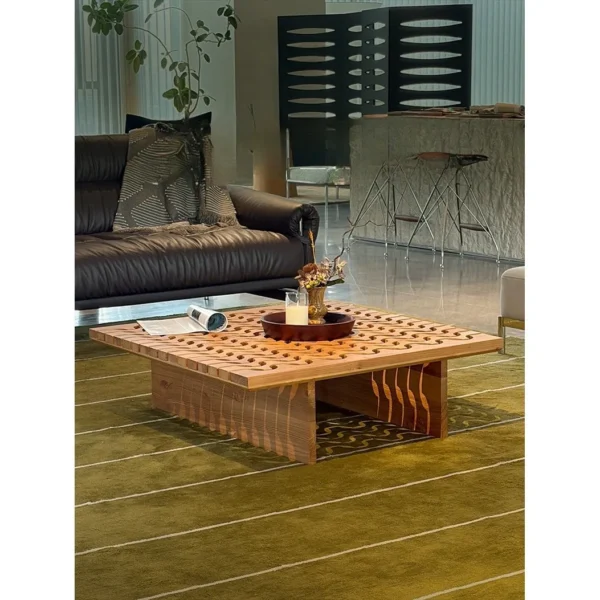 Yunyi Ripple Square Coffee Table with Open Wave Top, 100 cm in natural oak — in a room setting