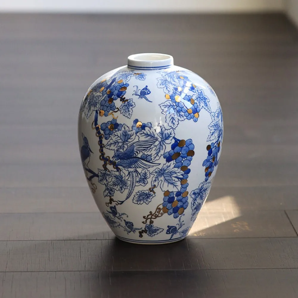 Hand-Painted Blue and White Grape and Bird Jar Vase in blue — front view