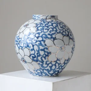 Hand-Painted Blue and White Scroll Globe Vase in blue — front view