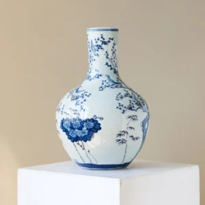 Hand-Painted Blue and White Plum Blossom Globe Vase in blue — front view