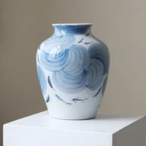 Hand-Painted Blue Wave Flat-Base Jar with Gold Fish, Large in blue — front view