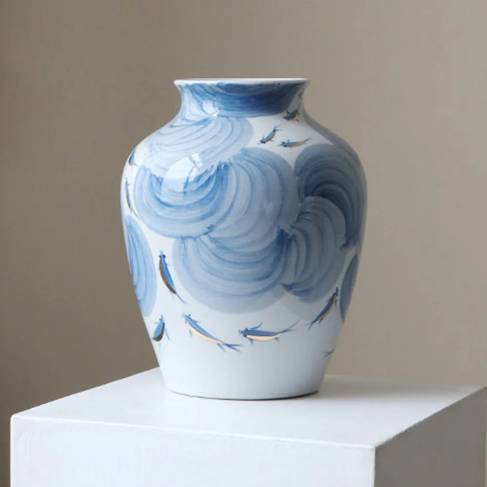 Hand-Painted Blue Wave Flat-Base Jar with Gold Fish, Large in blue — front view