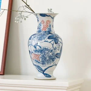 Hand-Painted Blue and White Pomegranate Fishtail Vase in blue — front view