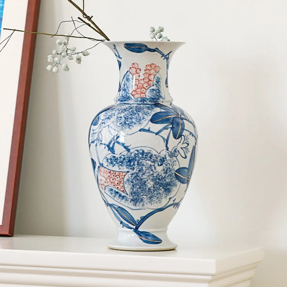 Hand-Painted Blue and White Pomegranate Fishtail Vase in blue — front view