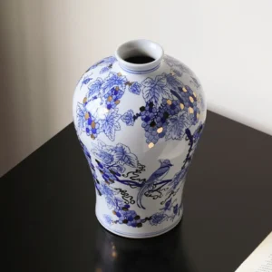 Hand-Painted Blue and White Grape and Bird Plum Vase in blue — front view