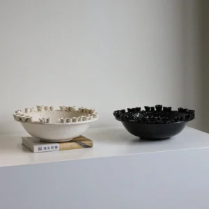 Jingdezhen Ceramic Bowl with Crenellated Rim, White or Black in ivory — front view